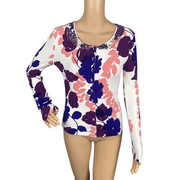 Blumarine Vtg Y2K White Colorful Floral Beaded Cardigan SZ M - Picture 1 of 11